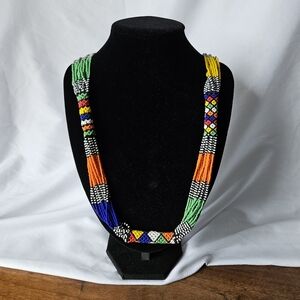 EUC Colorful African Art Hand-Beaded Necklace Unsigned